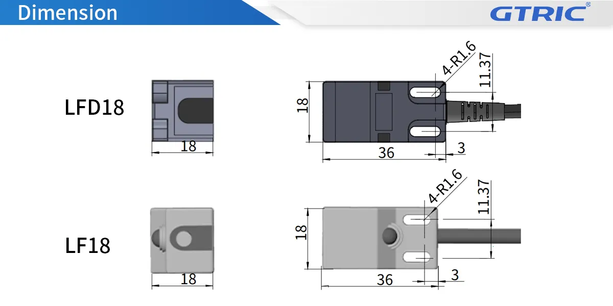 LF18 Series Side Sensing Square Inductive Proximity SensorLF18-Dimensions
