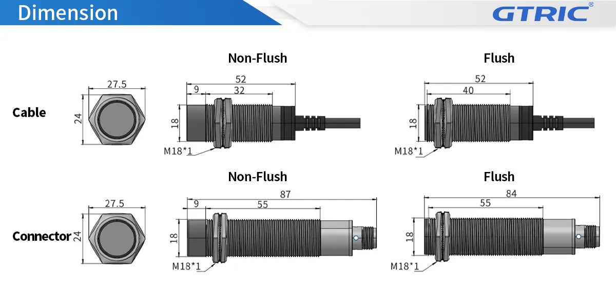 M18 Long Distance Inductive Proximity SensorM18-Dimensions