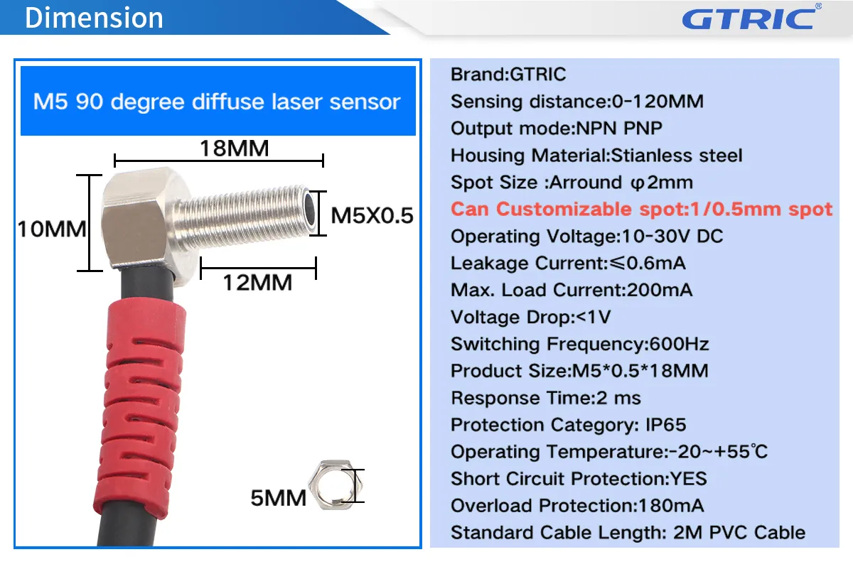 M5 Elbow Mini Diffuse Reflection Laser Photoelectric SensorM5-Dimensions