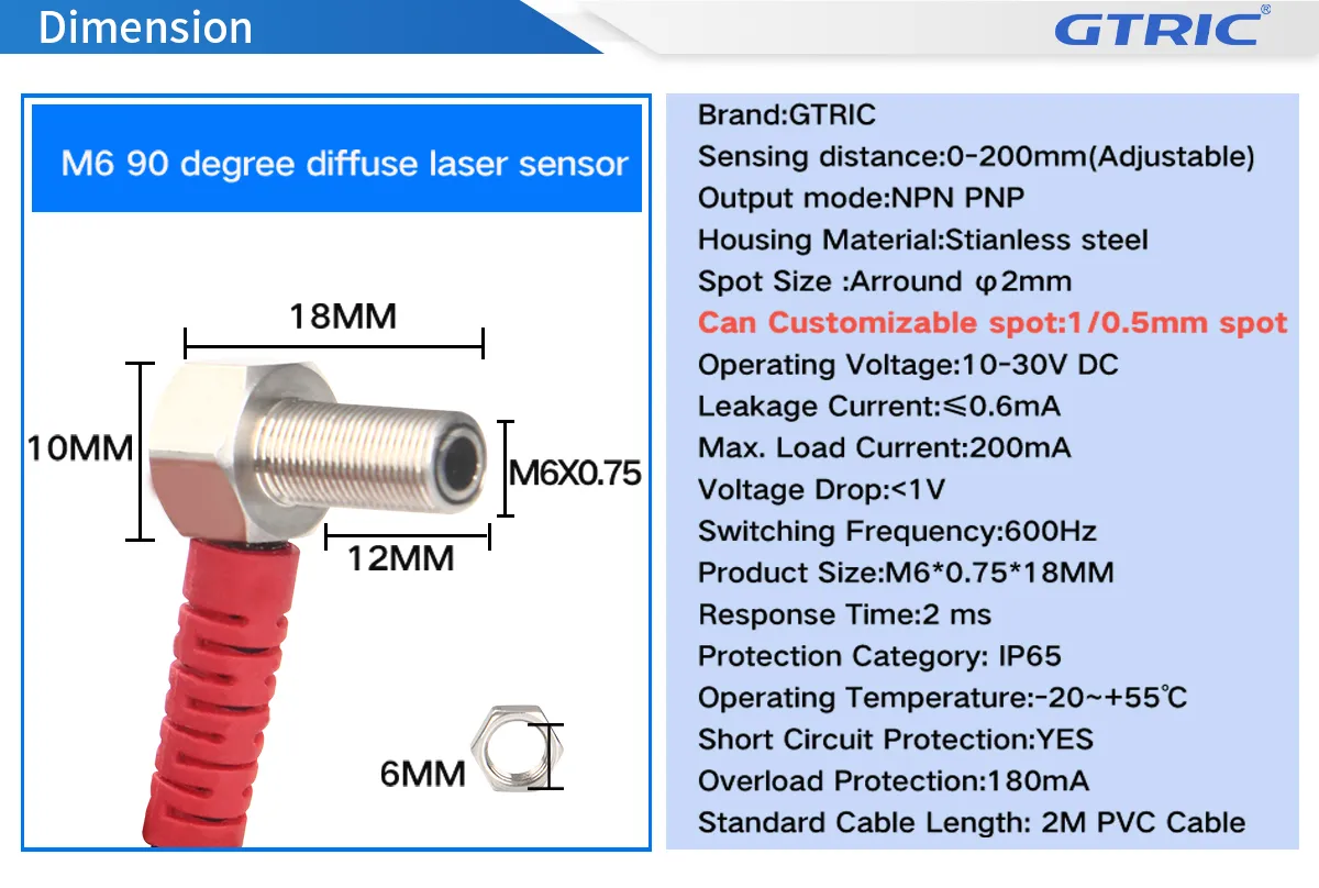 M6 Elbow Mini Diffuse Reflection Laser Photoelectric SensorM6-Dimensions