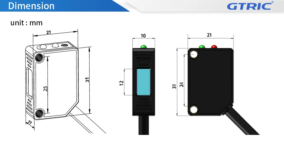 Square Diffuse Reflection Laser Photoelectric Sensor-Dimensions