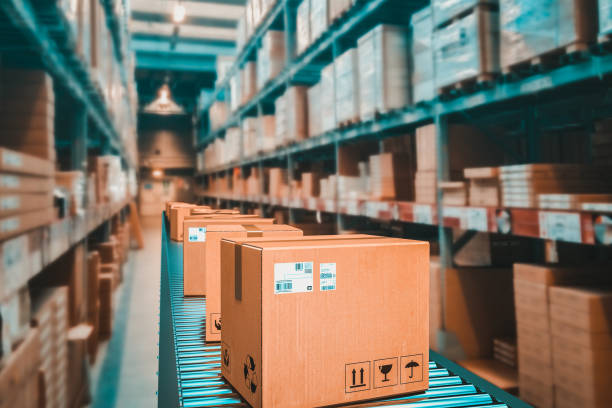 parcels on conveyor belt in a warehouse. 3d render